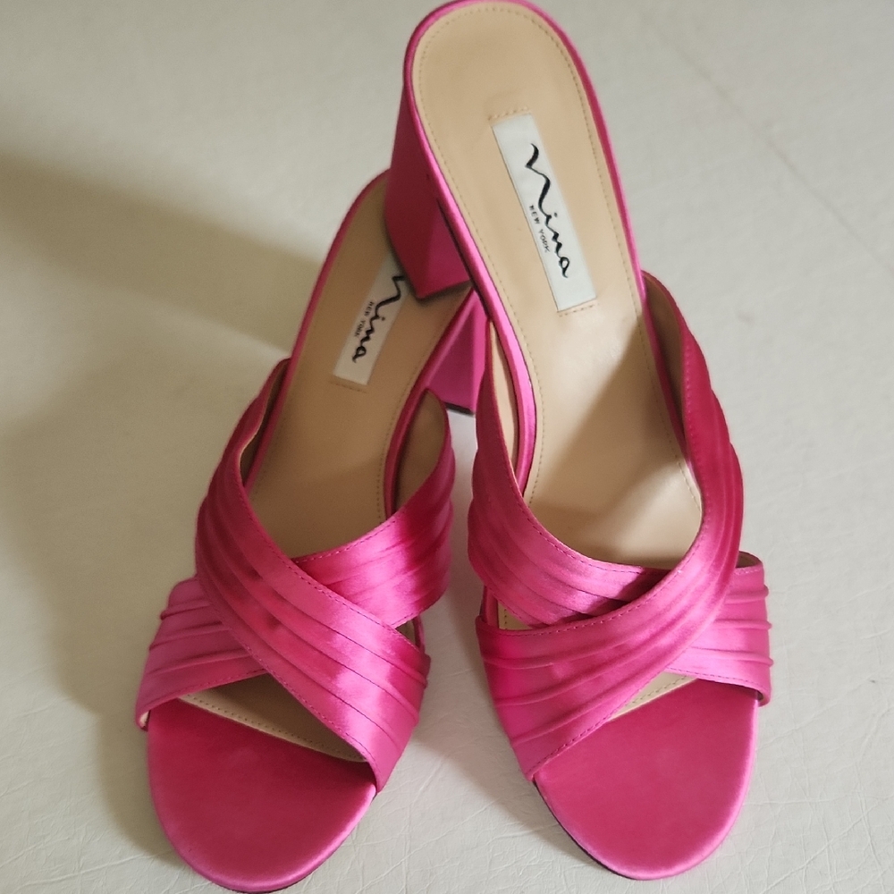 Nina Nayely Toe Ultra Pink Satin Block Heel Shoes 10M